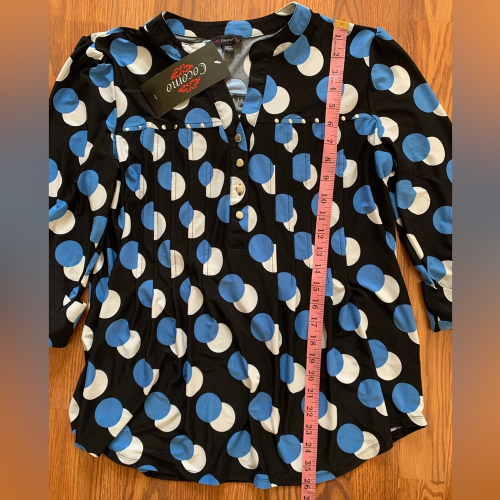 COCOMO Large Black blue white 3/4 sleeve studded women's Pintuck Blouse shirt - Picture 13 of 16